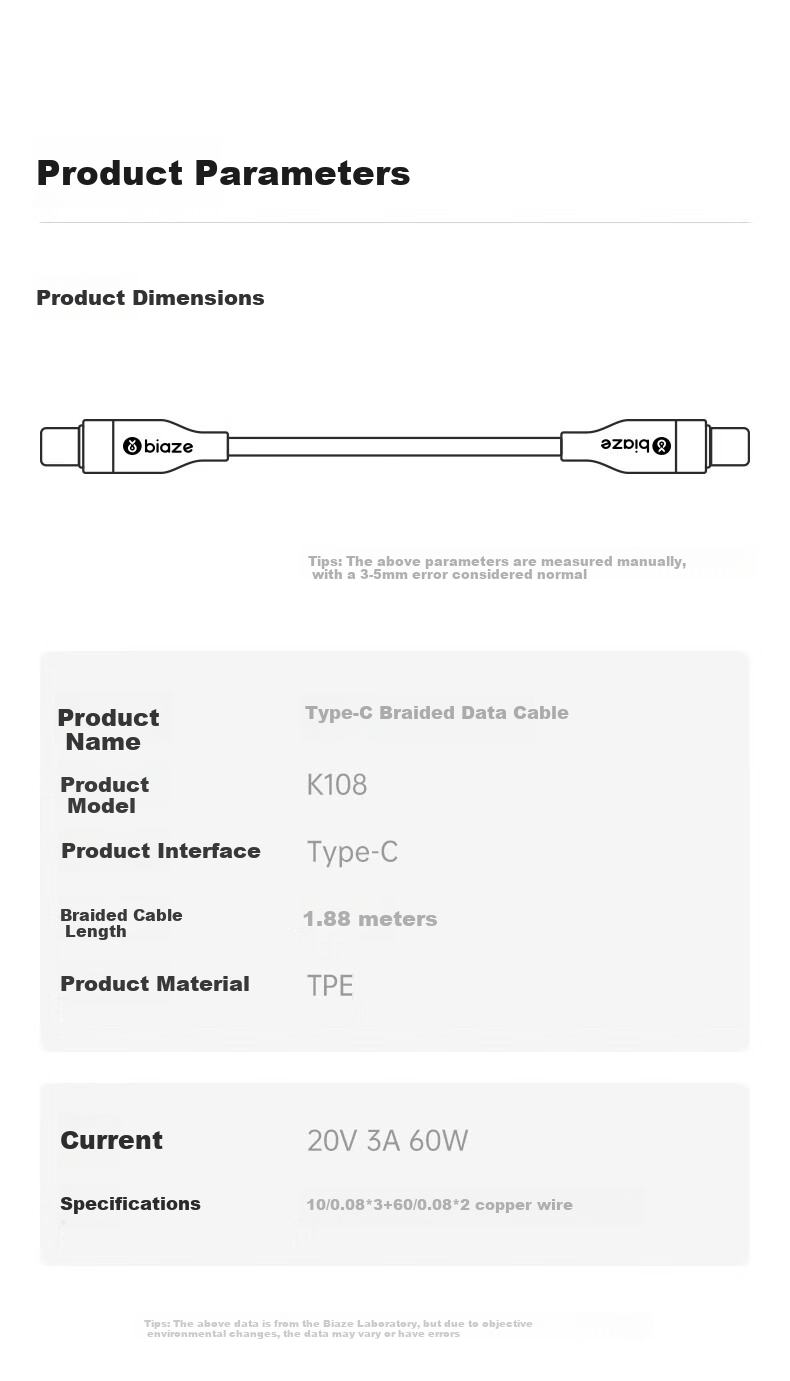 BIAZE Type-C Data Cable, Dual-Ended Toc Fast Charging PD60W Car Charger Cable, Suitable for Apple IPhone 18 Pro Max 17/16/15, Android Xiaomi Huawei Honor Smartphones 8