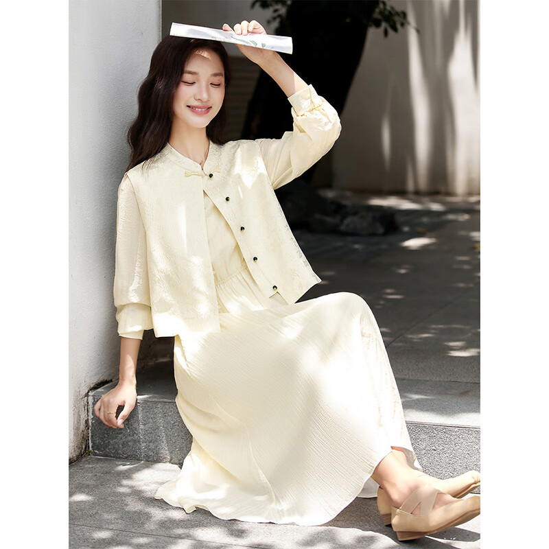Fansiman Elegant Chinese Style Women's Autumn New Jacquard Vest Round Neck Long Dress Set Elegant Apricot S