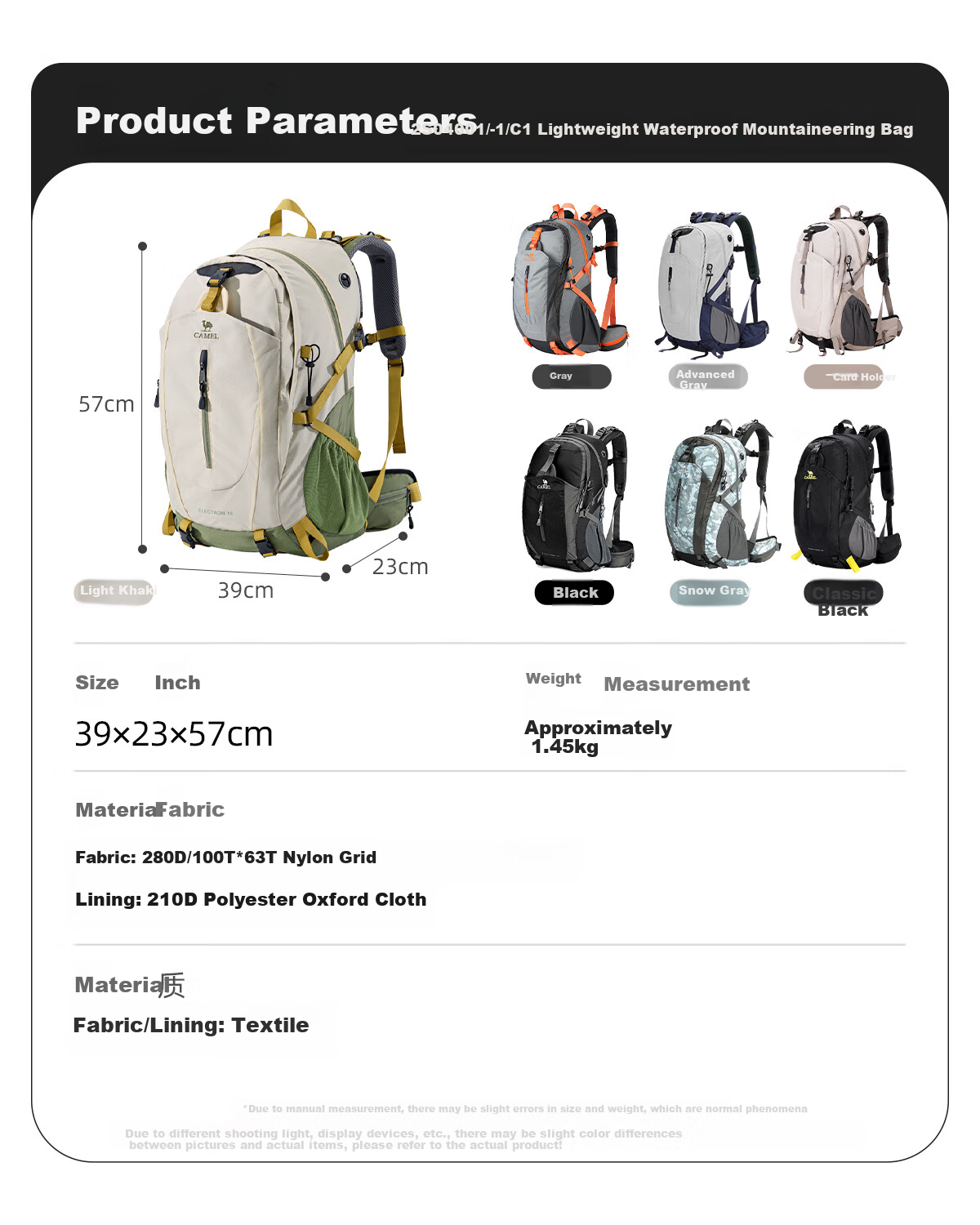 CAMEL Hiking Backpack, Outdoor Backpack, Travel Backpack, Mountaineering Backpack, Trekking Backpack, 2S04001A, Premium Gray 9