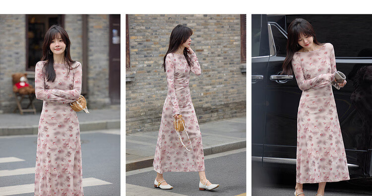 MT [Floral Concerto] Spring Gentle Style Printed Round Neck Dress with Camisole Waist Cinching Stretch Long Dress for Women 1