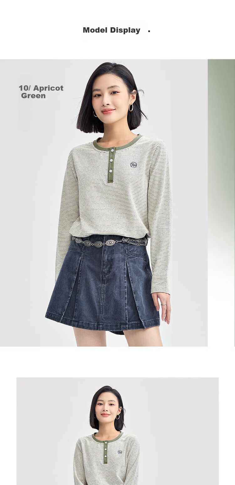 Giordano Women's Striped Embroidered Pullover T-Shirt, Contrasting Color Henley Collar Long Sleeve Tee for Women 13324704 8