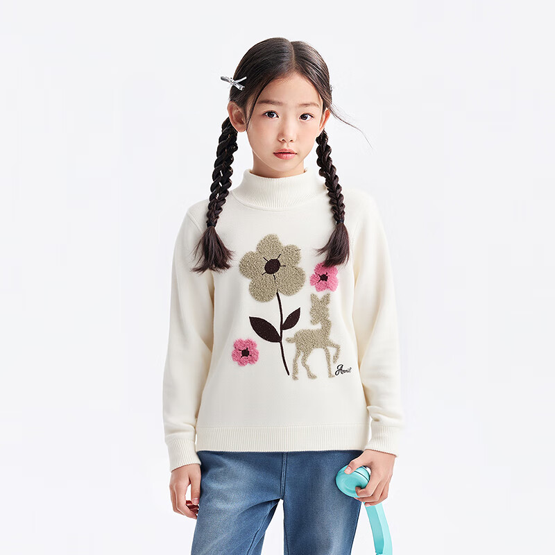 Annil Kids Girls High Collar Long Sleeve Knit Sweater 2025 Winter New Milk Candy White 160
