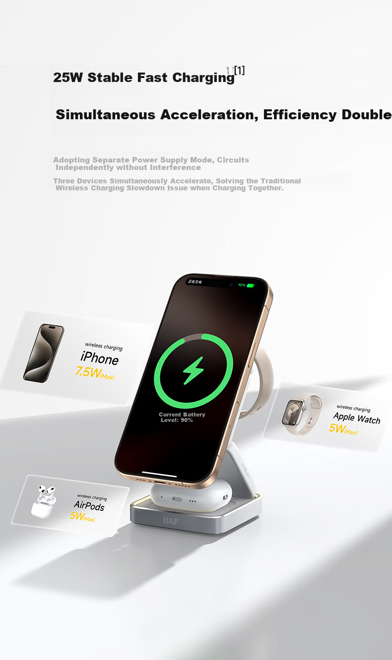 W&P Apple Wireless Charger 3-in-1 Magsafe Magnetic 15W Stand Fast Charging for iPhone 17/16 Pro Max AirPods Earphones iWatch Watch WP 12