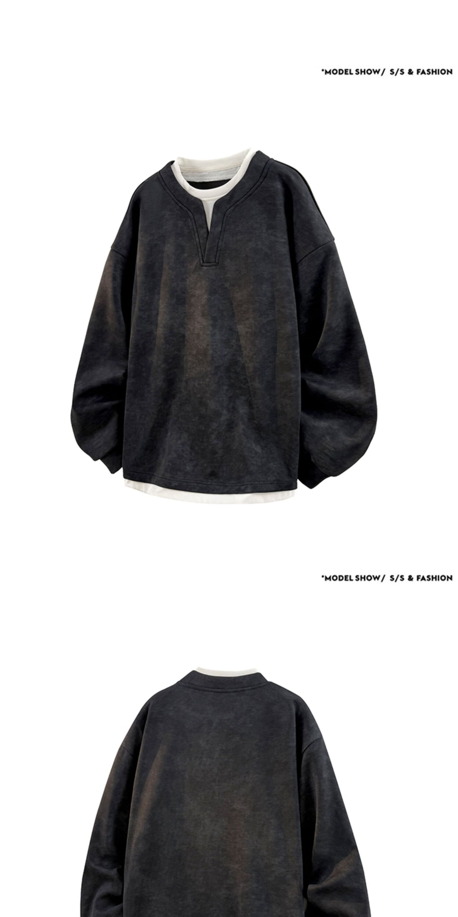 Dingfengbaoluo Men's American Style Two-in-One V-Neck Tie-Dye Casual Long Sleeve Sweatshirt Autumn Loose Fit Khaki 2XL XWC12 4