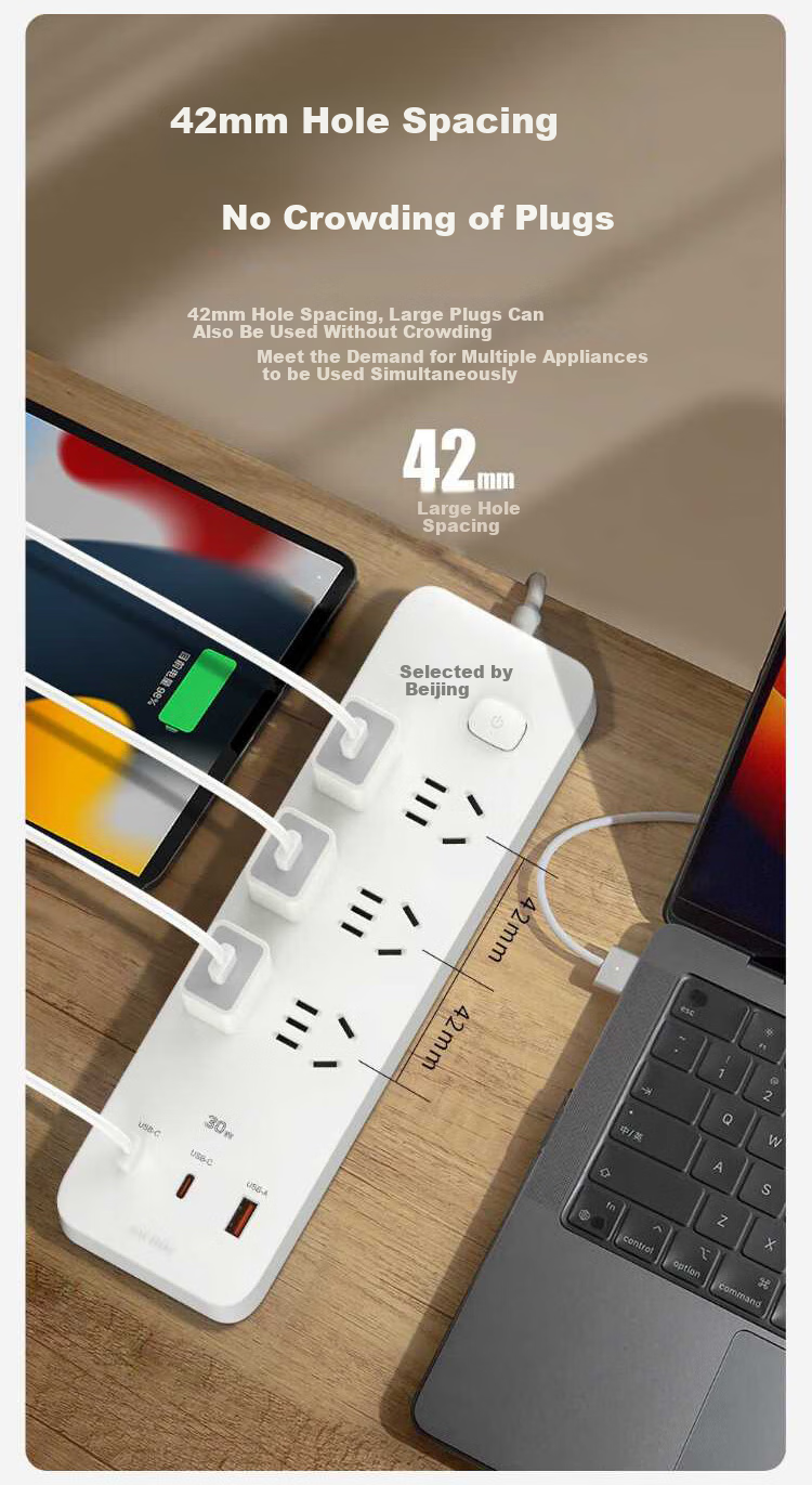 Jingxuan JINGDONG, Own Brand, 30000mAh PD Fast Charging Socket/power Strip/outlet Strip, Type-C Port + USB Port + 6 Sockets, Total Length 1.8 Meters, White, M733UC30 5