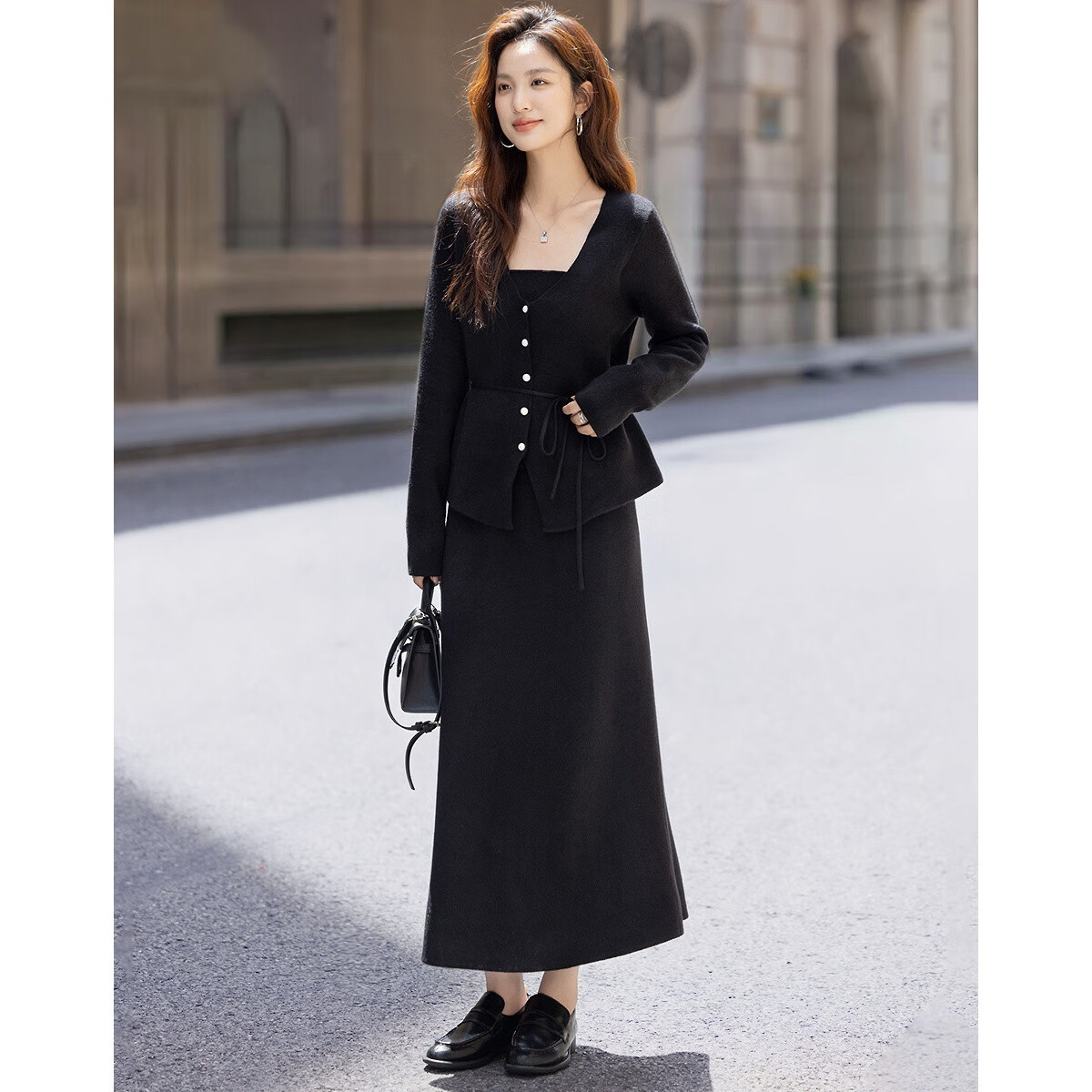 Demana Luxury Quiet Two-Piece Set Winter Faux Two-Piece V-Neck Pearl Button Cardigan with Tie Waist Knit Skirt Women's Set