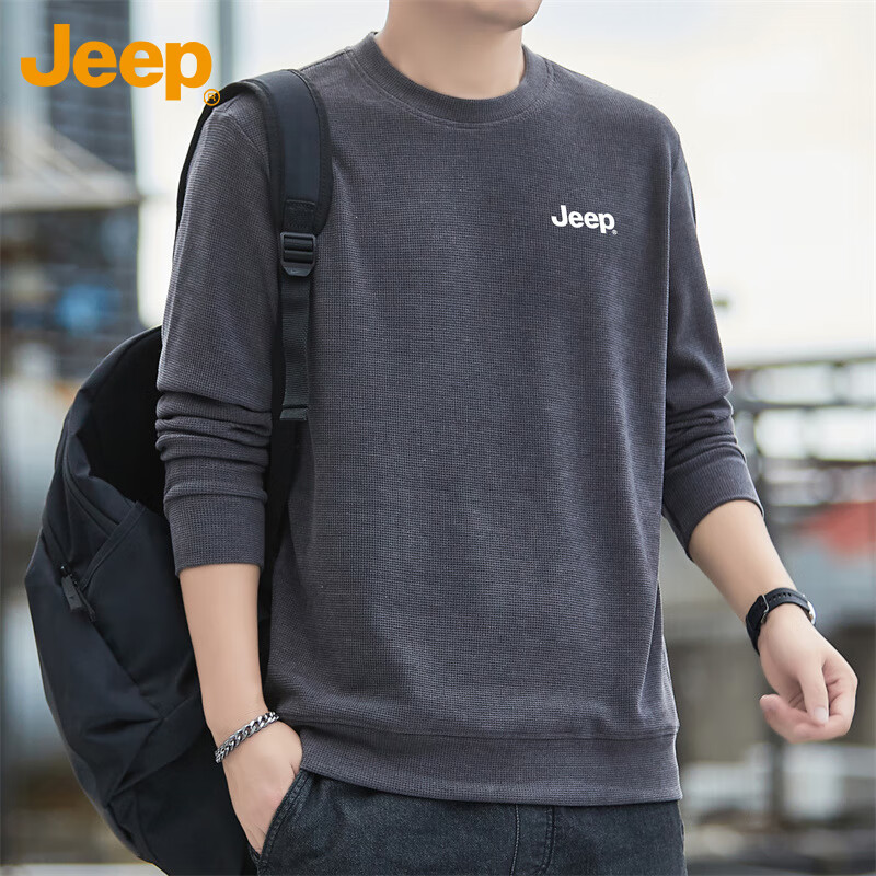JEEP Men's Sweatshirt, Spring And Autumn Style, Hoodless Round Neck, Loose Long-Sleeve T-Shirt, Trendy Men's Clothing, Dark Gray, Size L