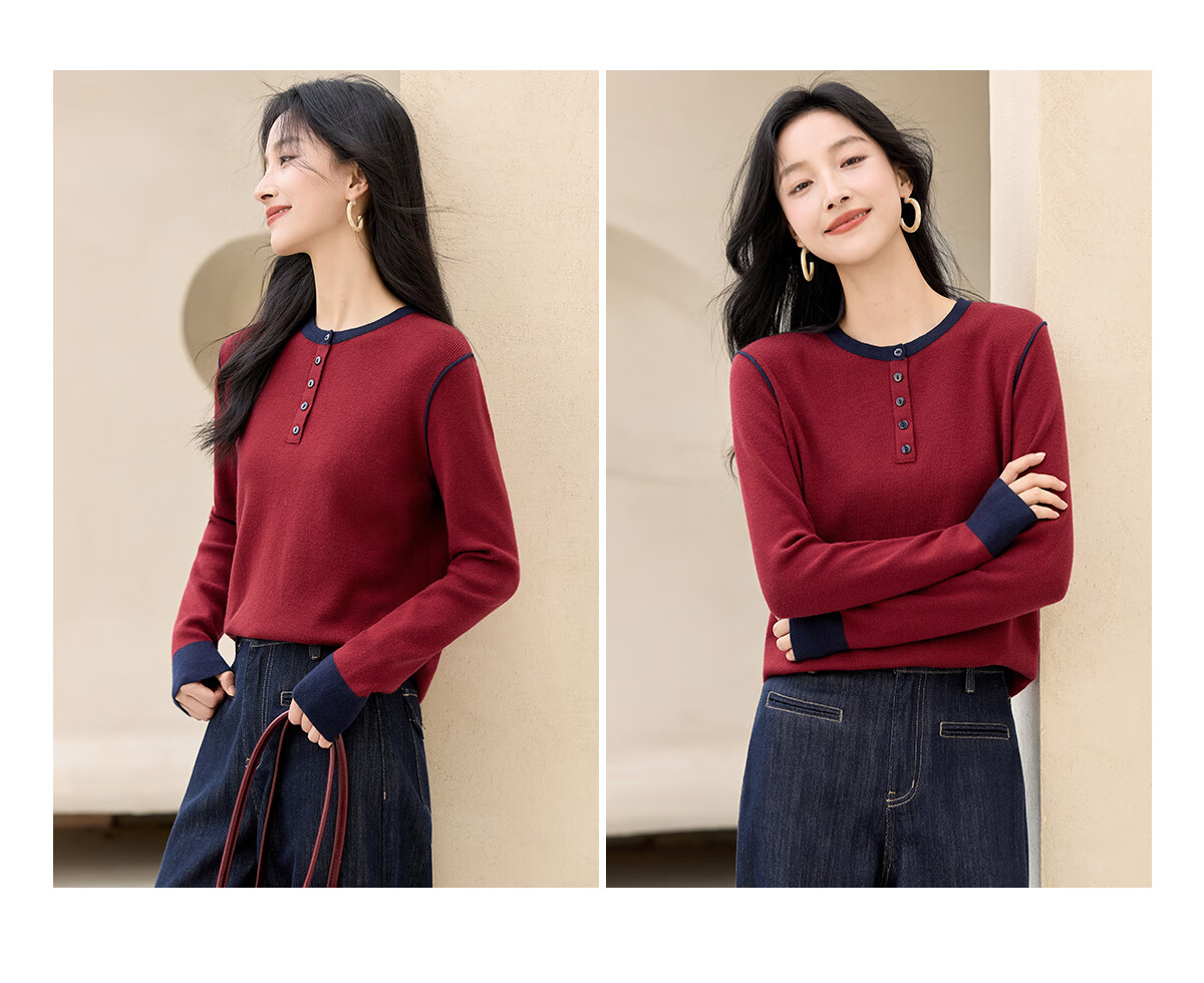 Chushen Spring Autumn Women's Knitwear Fashion Color-Block Round Neck Sweater Base Shirt S53Z030 6
