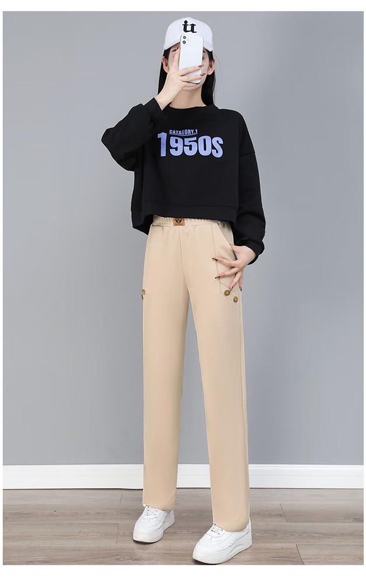 Woodpecker Women's Versatile Straight Loose Slimming Long Pants Spring Autumn New High Waist Sports Casual Pants Black 2XL 19