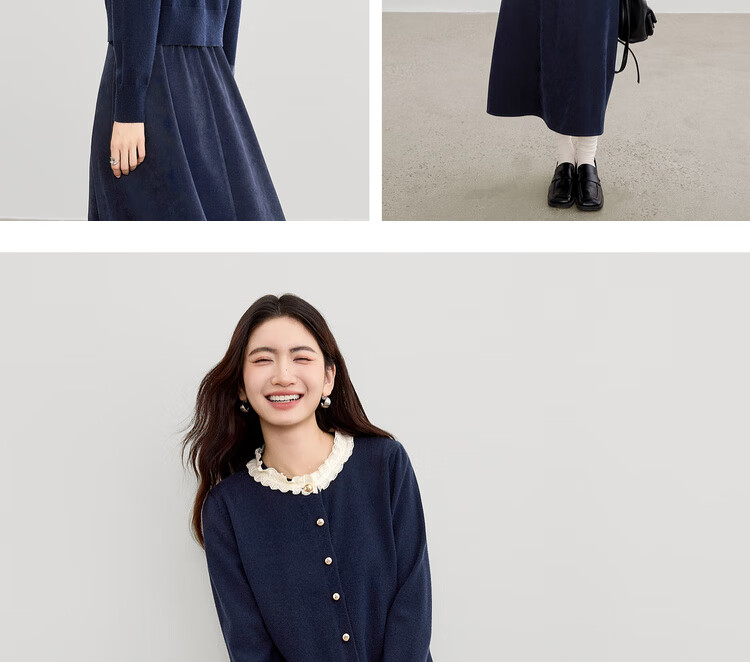 Sentubila Elegant Commuter Set Women Autumn Color-Block Lace Round Neck Stretch Knit Top A-Line Flared Skirt Two-Piece Set 10