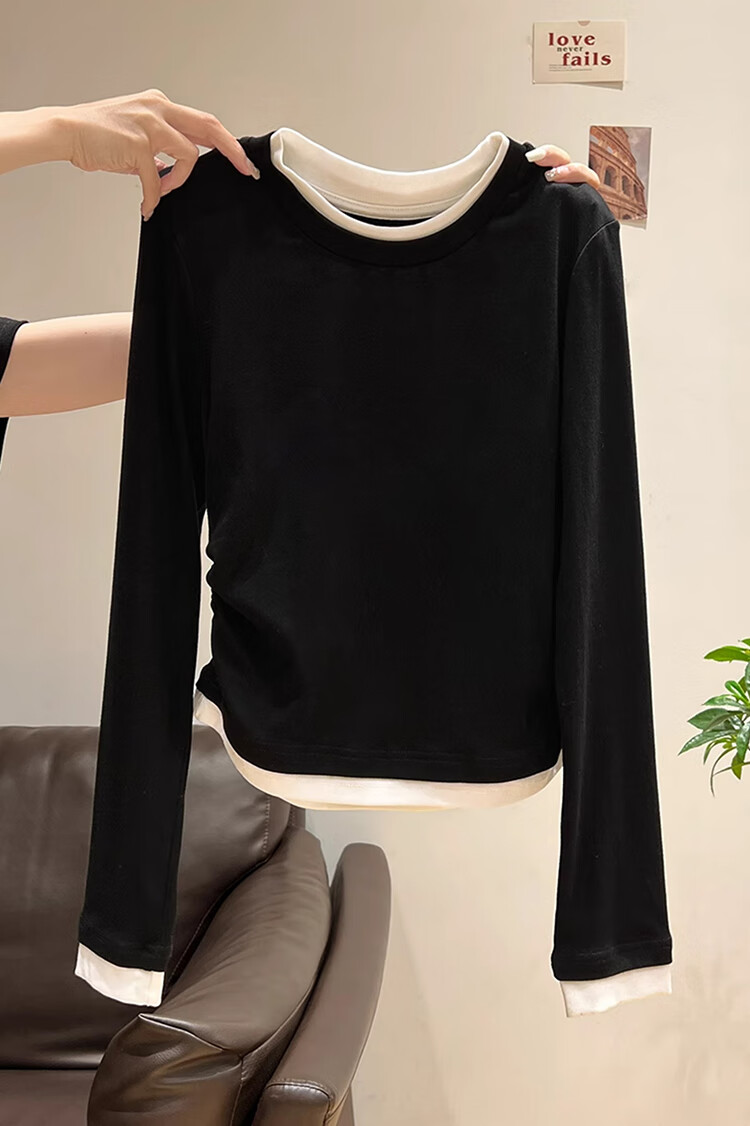 Woodpecker Women's Long Sleeve T-Shirt Round Neck Shoulder Fake Two-Piece Pleated Stretch Slim Waist Base Layer Top Dark Gray 2XL 6