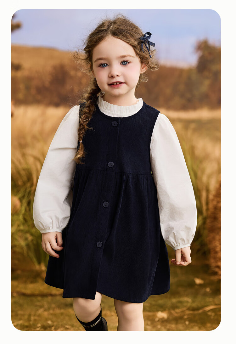 ASK JUNIOR Kids Spring Outfit Toddler Ruffled Lined Girls Vest Dress School Style Navy Blue Size 100 1