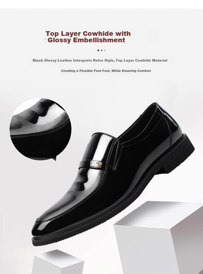 LAORENTOU Leather Shoes for Men, Spring And Autumn Business Formal Shoes, Cowhide Slip-On Patent Leather Shoes, Everyday Men's Shoes, 130361 Black Size 39 7