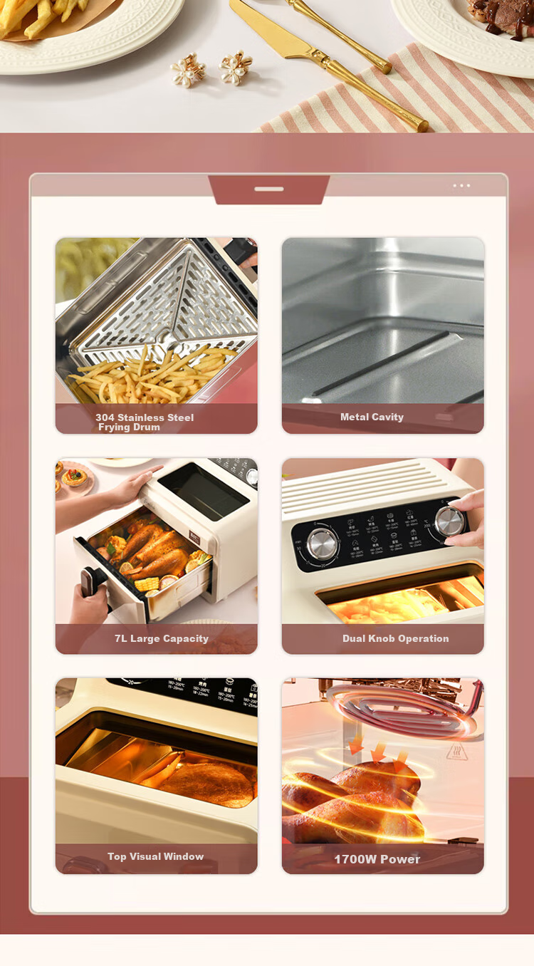 Liven Air Fryer for Home Use, Non-Coated 304 Stainless Steel Frying Basket Inner Pot, 7L Visible Large Capacity Can Roast Whole Chicken, Metal Interior No Need to Flip Food in Oven KZ-J7179 3
