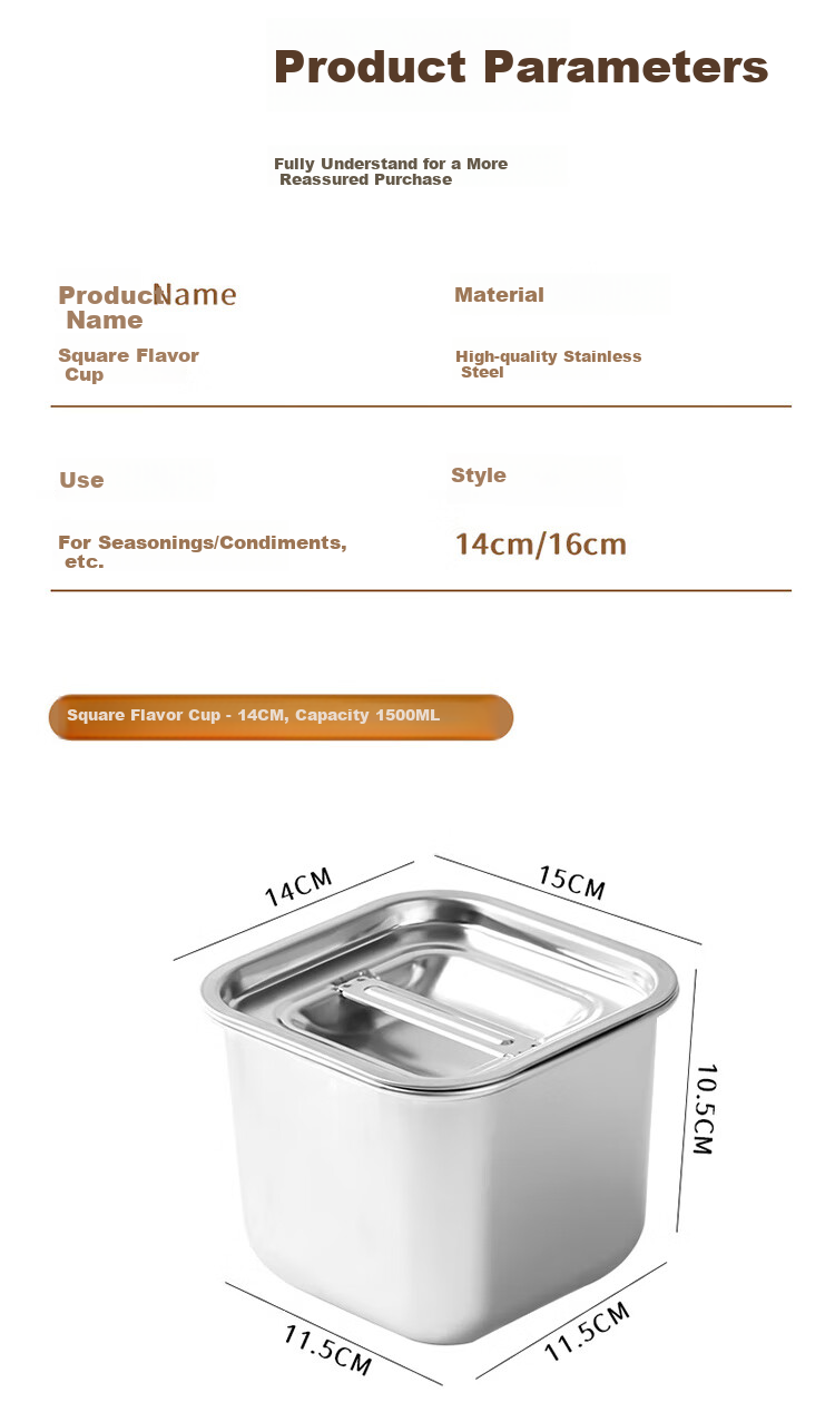 Baijie Stainless Steel Seasoning Container, Square Spice Jar, Lard Canister, Oil Bowl, Home Kitchen Jam Pot, Condiment Storage Box 5