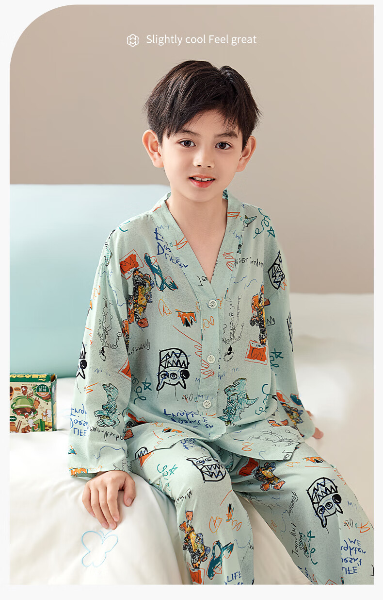 Purple Floral Language [Soft Lyocell] Children's Pajamas Spring and Autumn New Boys' Homewear Summer Air Conditioning Clothes 160 6