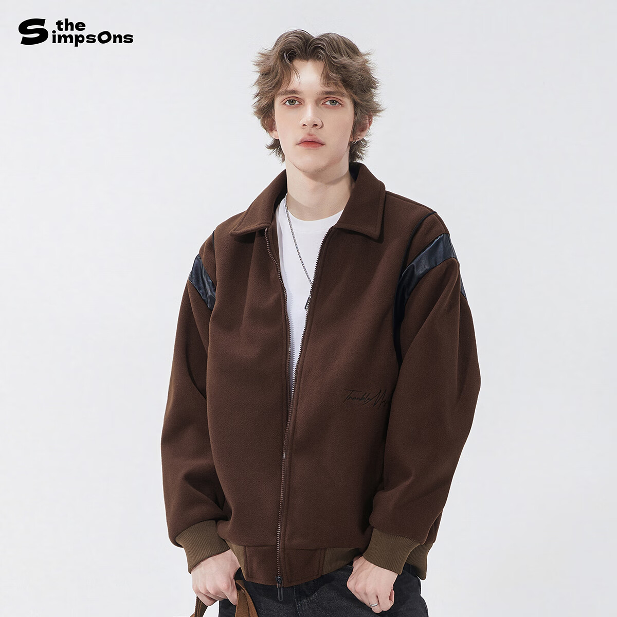 THE SIMPSONS Casual Loose Embroidered Patchwork Lapel Jacket Unisex Dark Brown/Black Regular XL