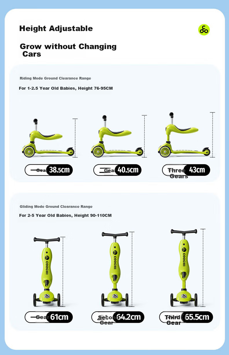 COOGHI Children's Scooter V2 Two-In Multifunctional Kids' Bike, Gravity Steering, Quiet, for Ages 1-5, Birthday Gift, Classic Gree 11