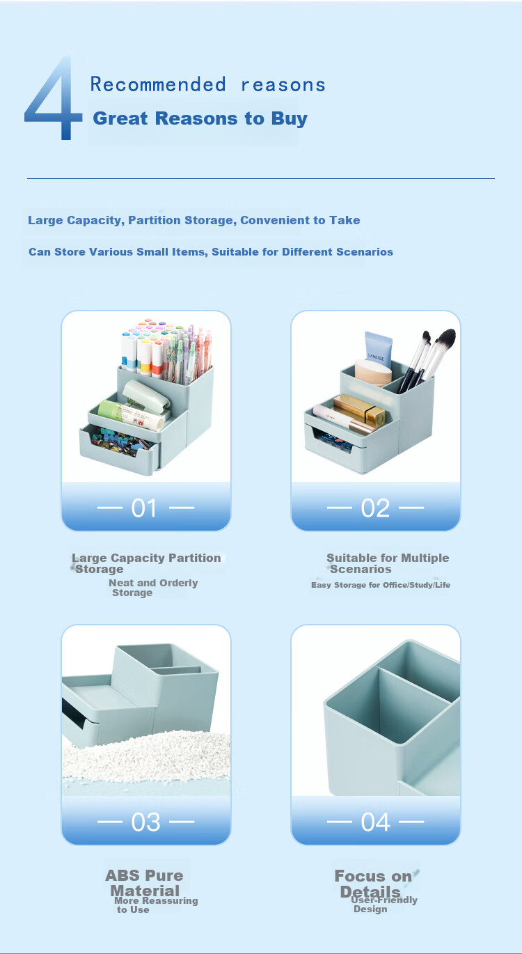 COMIX Multifunctional Desktop Office Stationery Pen Holder Storage, Stylish 4-Compartment Cosmetic Organizer Box 15.2*11*93cm Glacier Blue B2009 1