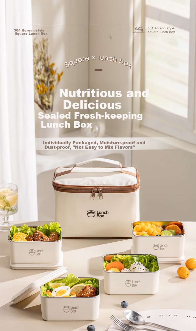 Guangyi 304 Stainless Steel Insulated Lunch Box for Office Workers And Students, Large Capacity Bento Box with 4 Compartments + Insulated Bag GY7289 1
