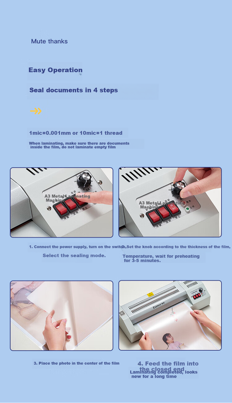 COMIX Home And Office Photo File Laminator A4/A3 Laminating Pouches Laminating Machine Packaging Machine Automatic Film Feed No-Stick Laminating Pouches One-Touch Film Removal F9066E 7