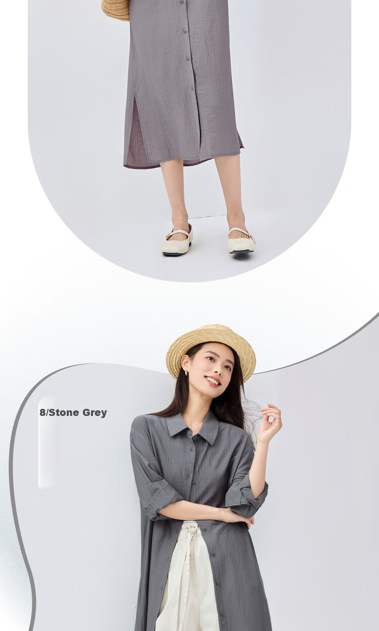 Giordano Women's Dress, 2026 Spring New Style, Side Slit with Subtle Stripes, Long-Sleeve Shirt Dress for Women, 05465070 15