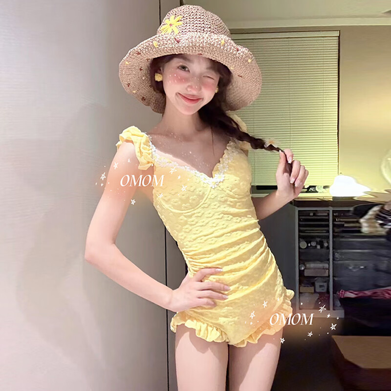 OMOM New One-Piece Premium Swimsuit for Women, Stunning Gathered Design, Small Bust, Tummy Control, Slimming, Vacation Hot Spring, Yellow, M