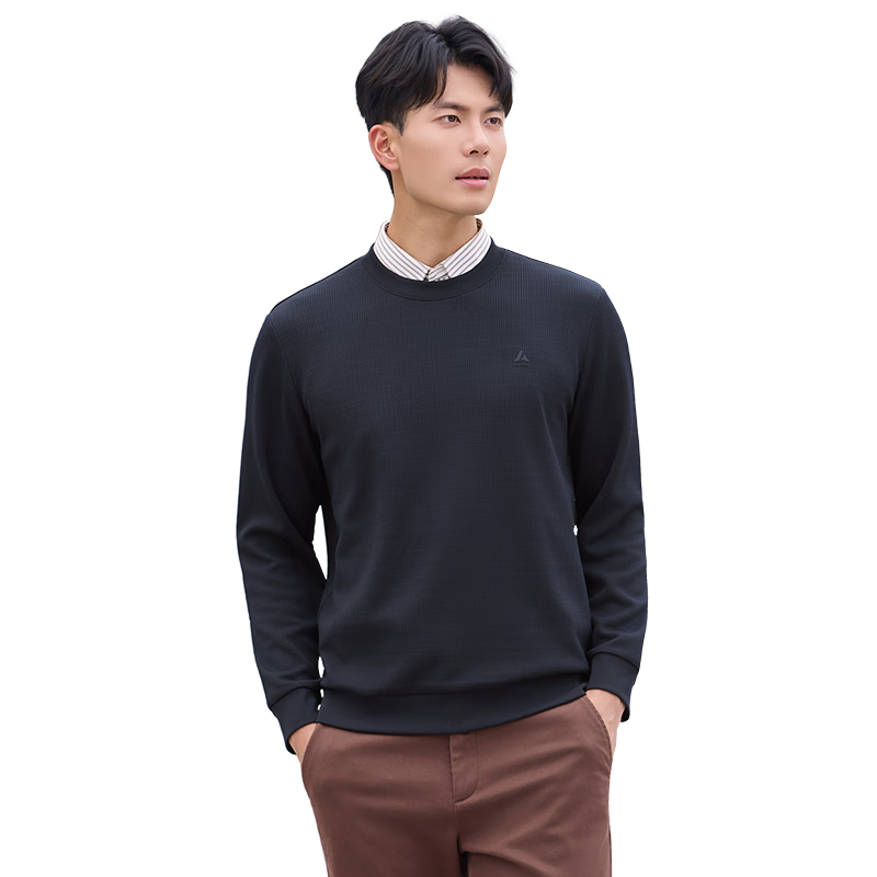 Laxton Men's Autumn Winter Warm Long Sleeve Crew Neck Pullover Waffle Knit Stretch Slim Fit Base Shirt Navy Blue XL