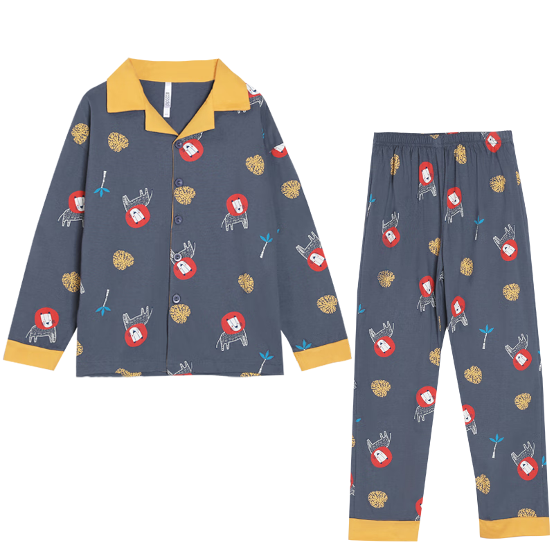 Hodohome Boys' A-Class Cotton Cartoon Print Long Sleeve Cardigan Pajama Set 501 Gray Size 140