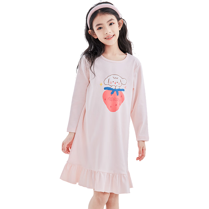 DEESHA Girls' Antibacterial Lightweight Cotton Nightdress, 60S High-Count High-Density Cotton, Summer Long-Sleeve Home Dress
