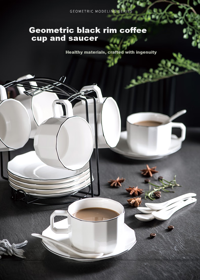 Youlaifu European Style Gold Rim Ceramic Coffee Cup Set 6 Cups 6 Saucers 6 Spoons Red Tea Mug Gift Box 1