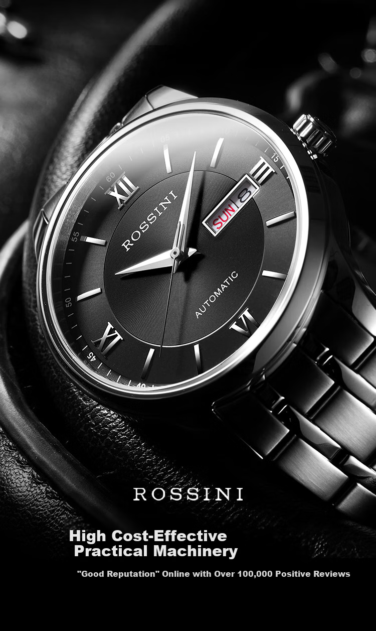 ROSSINI Men's Mechanical Watch, Birthday Gift, Business Casual Style with Black Dial And Steel Strap, Model 525701 2
