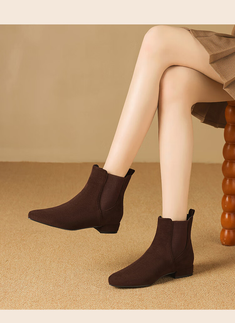 ZHR Women's Autumn Winter Suede Pointed Toe Fleece-Lined Chelsea Boots, Versatile Commuter Chunky Heel Boots K379A Black Size 36 9