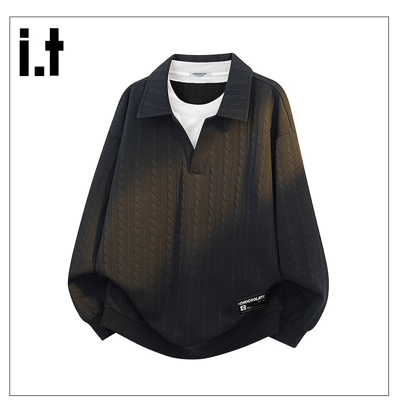 :CHOCOOLATE It Faux Two-Piece Lapel Sweatshirt for Men, Spring And Autumn New Trendy Loose Polo Shirt, Gray, M 14