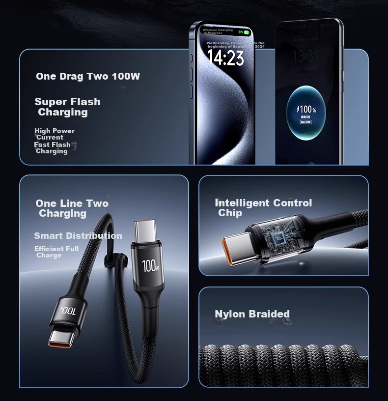 Nengshi Type-C Data Cable, Apple 15/16 Two-In Charging Cable, PD100W Fast Charging, Suitable for Huawei, Xiaomi, OPPO Laptops, Carplay, One-To 1.2 Meters, Black 3
