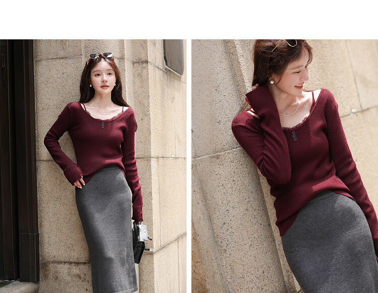 MT Slim Fit Short Wool Blend Lace Splice U-Neck Knit Sweater for Women - Autumn Collection 9