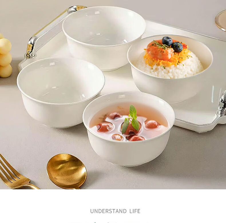 Sky Top Rice Bowl, Bone China Small Soup Bowl, Pure White Ceramic, Home And Hotel Tableware Set, 4.5-Inch Golden Bell Bowls, 10 Pieces 2
