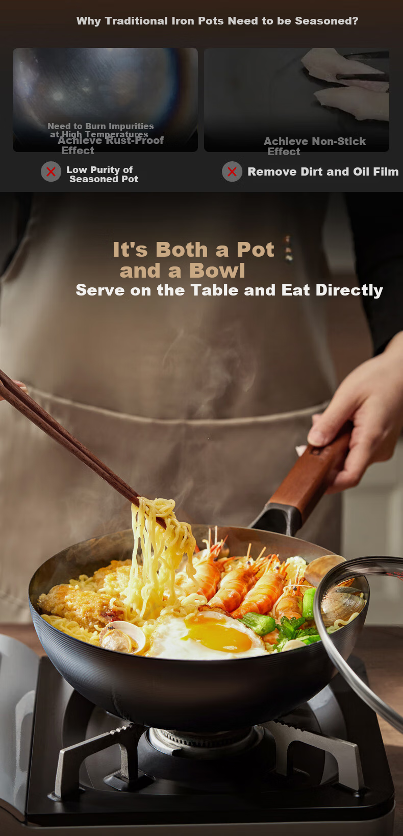 Zhongkang Large Belly Pot [Douyin Trend], Iron Wok Deep Nitrogen Non-Coated Preheated Small Iron Pot, Suitable for Gas And Open Flame, 28cm 7