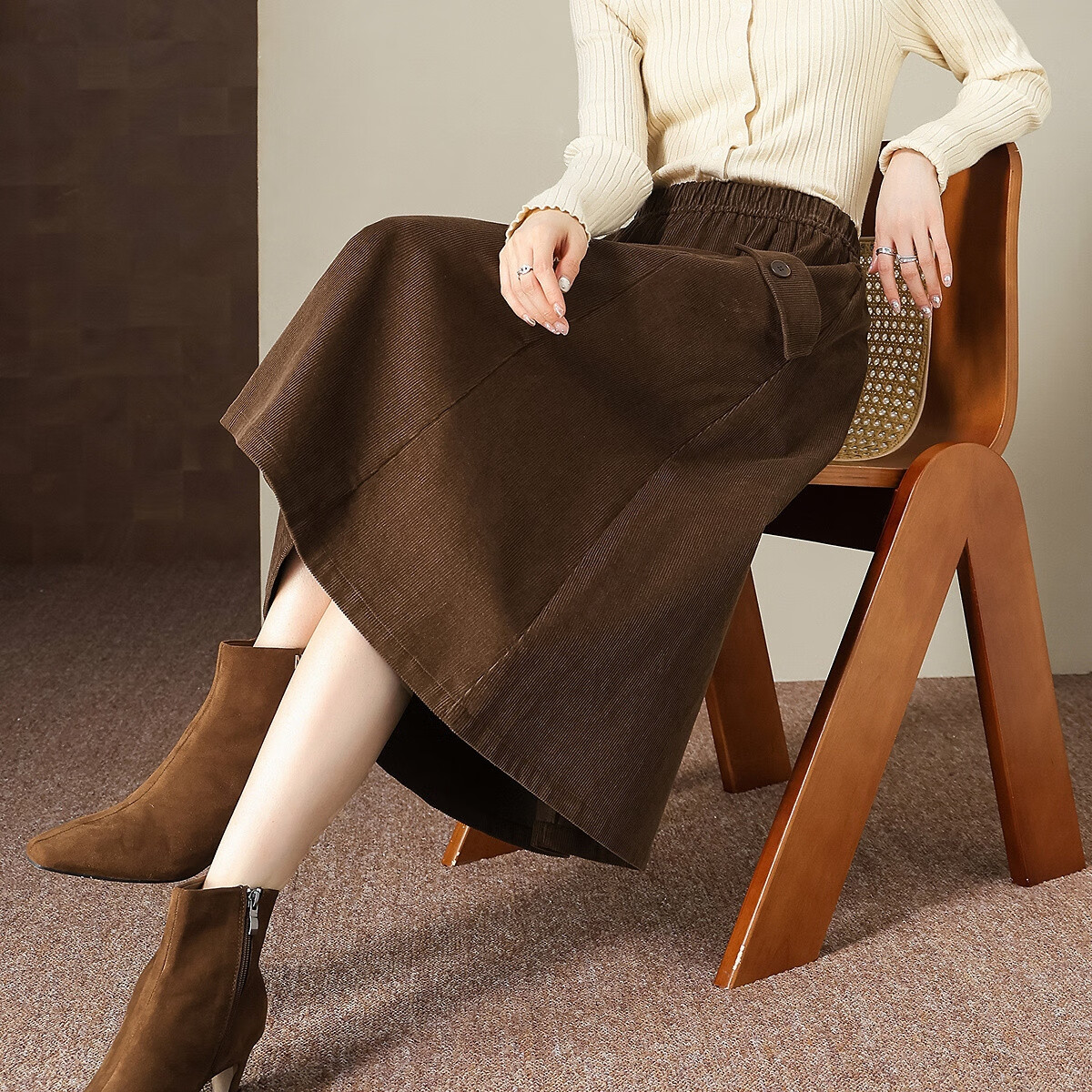 Demana Pure Cotton Corduroy Winter Elegant Elastic Waist Pocket A-Line Skirt Slimming Petite Women's Midi Skirt
