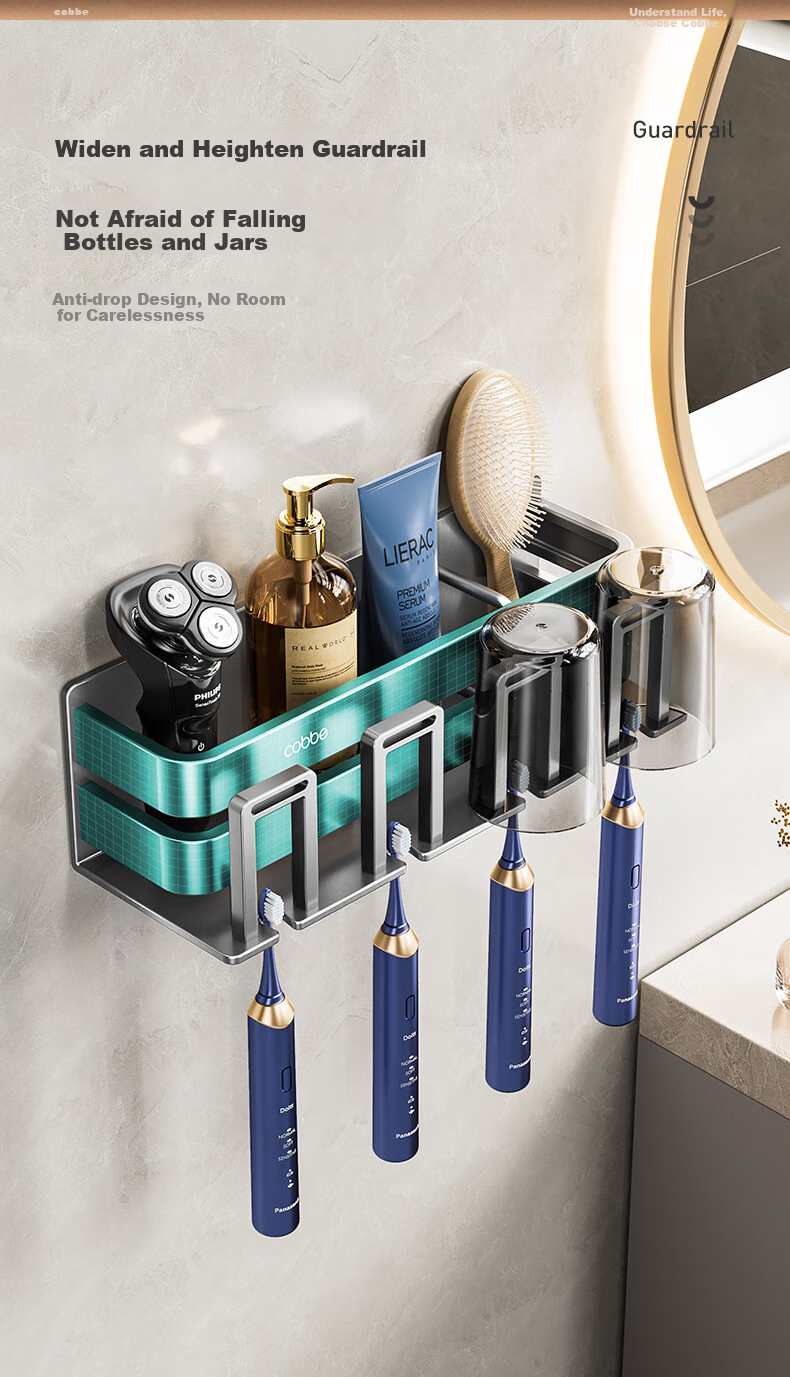 Cobbe Toothbrush Holder, No Drilling Required, Bathroom Mouthwash Cup And Brush Cup, Wall-Mounted, No Drilling Required, Couple Style with Cups, for Dormitory 8