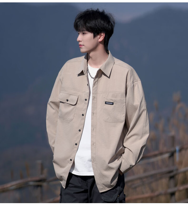 Foss Phil Men's Vintage Casual American Workwear Long Sleeve Shirt Jacket Spring Autumn Black L S581 6
