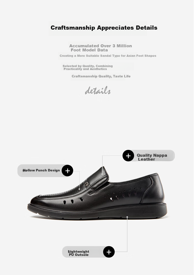 Aokang Men's Shoes, Spring And Summer Business Casual Leather Shoes, Cowhide Slip-On Comfortable Wear-Resistant Dad Shoes, Black Hollow Breathable, Size 38 2