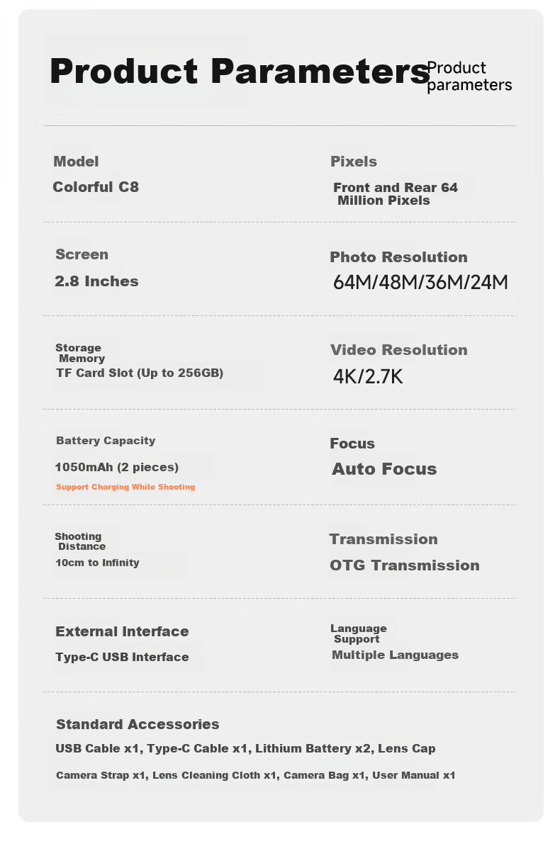 CAIZU C8 Dual Rear And Front Camera 6400W Pixel Entry-Level Mirrorless Camera for Students, Vlog Digital Camera, 4K Video Alternative to CCD Card Camera, Birthday Gift Present 14