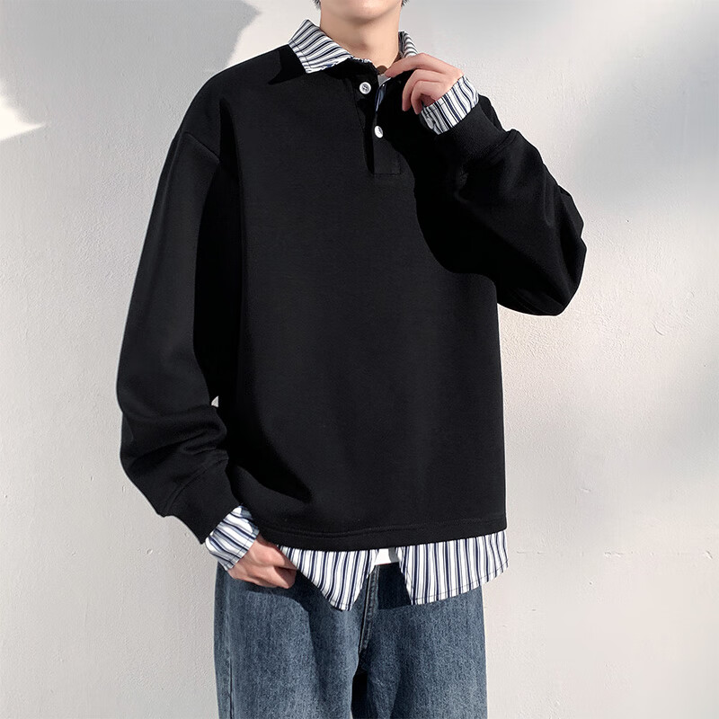 Homlean American-Style Faux Two-Piece Sweatshirt for Men, Spring Heavyweight Long-Sleeve College Style Casual Lapel Top HX51 Black 2XL