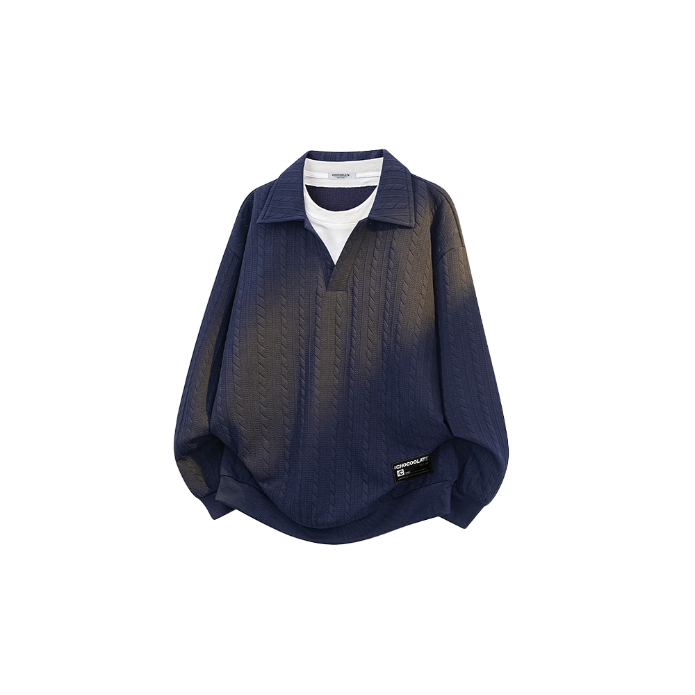 :CHOCOOLATE IT Faux Two-Piece Collar Sweatshirt Men Autumn Winter New Trendy Loose Polo Shirt Navy XL