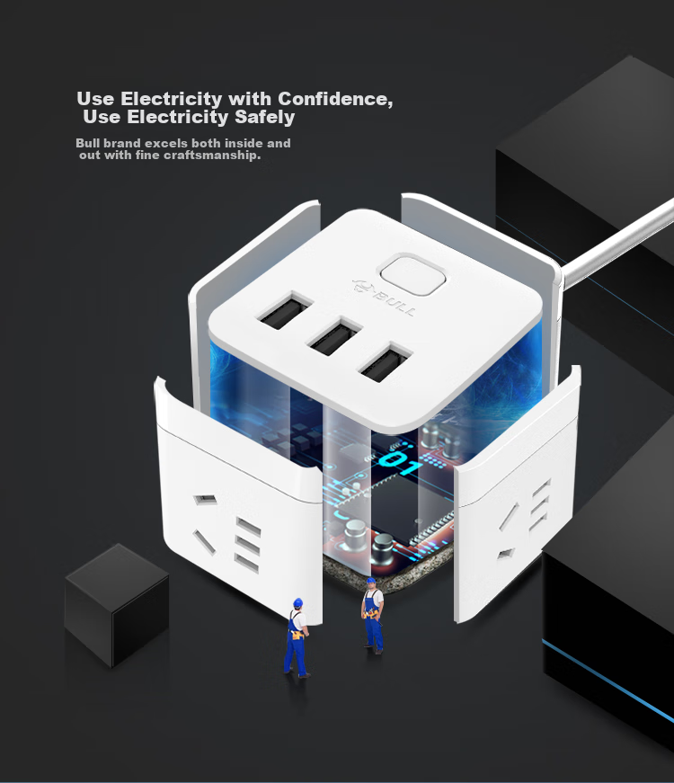 BULL Magic Cube USB Socket Power Strip/Extension Cord GN-U303H Black Magic Cube, Total Length 1.5 Meters, Master Switch 7