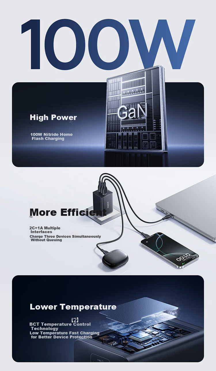 Baseus Little Ice GaN Charger 100W High Power Fast Charger for Apple 17 Xiaomi Huawei Phones MacBook Neo Laptop Plug Black 2