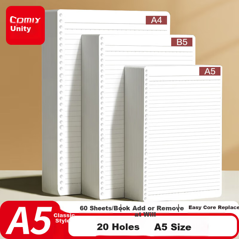 COMIX A5/60 Sheets Loose-Leaf Refill, 20-Hole, Notebook Paper for Research Study And Homework, Student Stationery Supplies, Ruled Single Book ECNA560
