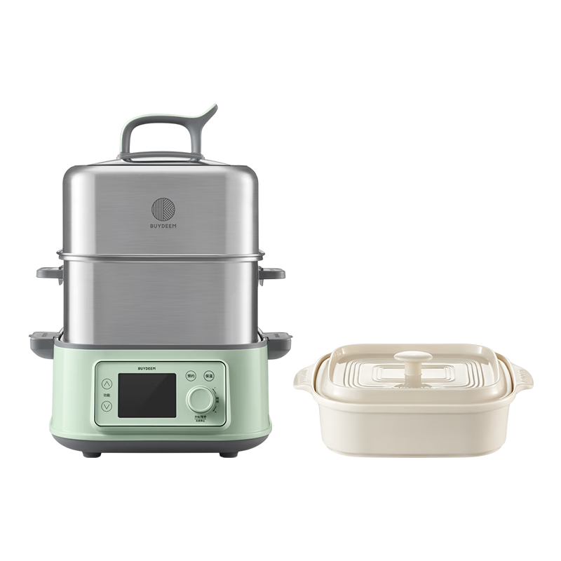 Buydeem Electric Steamer Household Stainless Steel 0-Coating Electric Stew Pot Steam and Stew Combo Large Capacity Multifunctional Steam Pot [Steam Pot Set] G76 Light Cedar Green + 2.8L Ceramic Steam 
