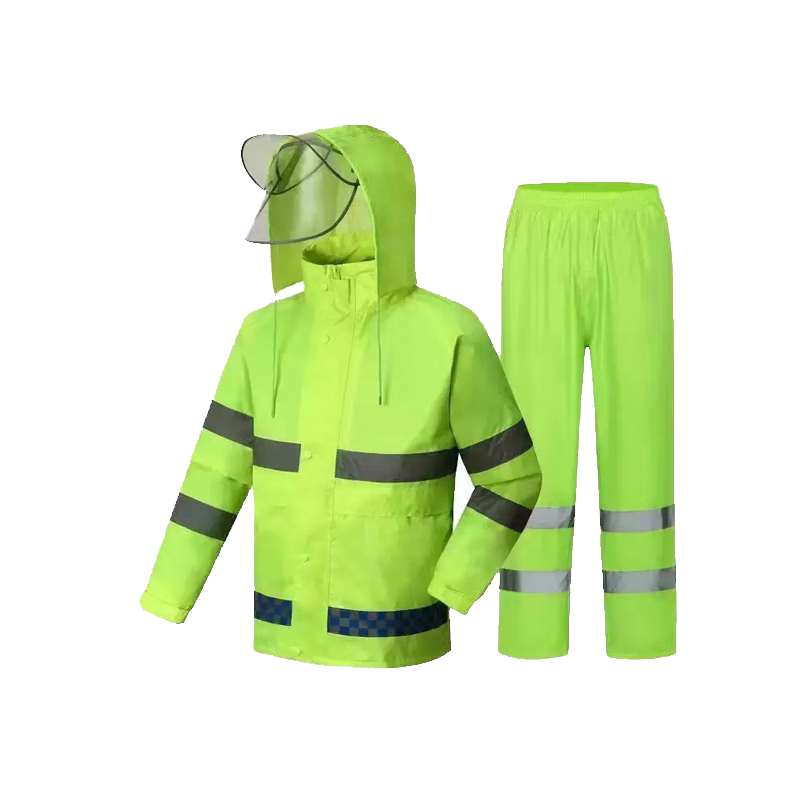 Gongqiyou Two-Piece Raincoat and Safety Reflective Rain Pants Set with Mesh Lining, Traffic Sanitation Road Administration Adult Fluorescent Green Full Set with Double Brim Hat, Size L